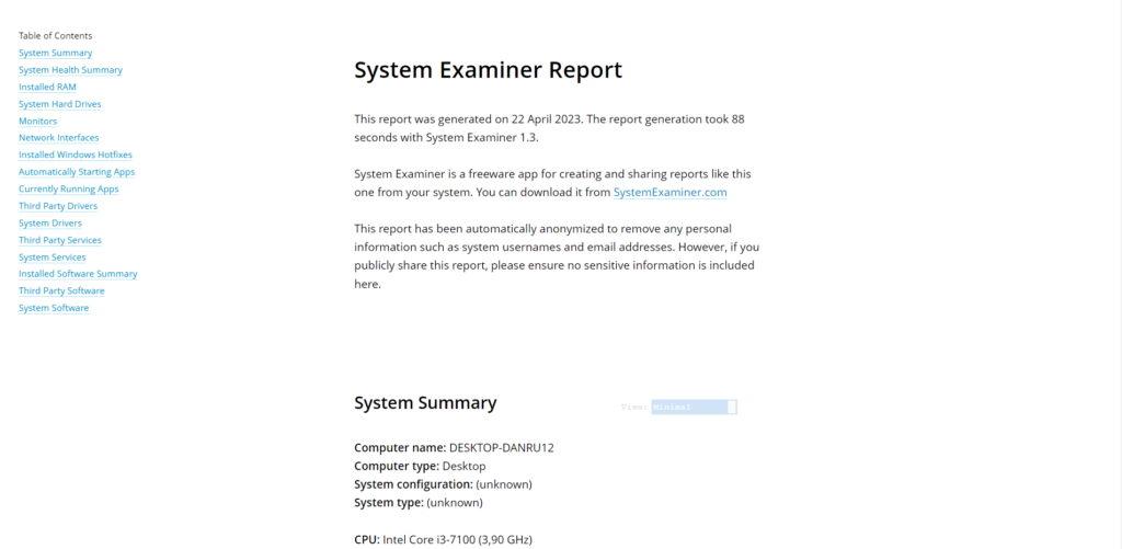 System Examiner Report